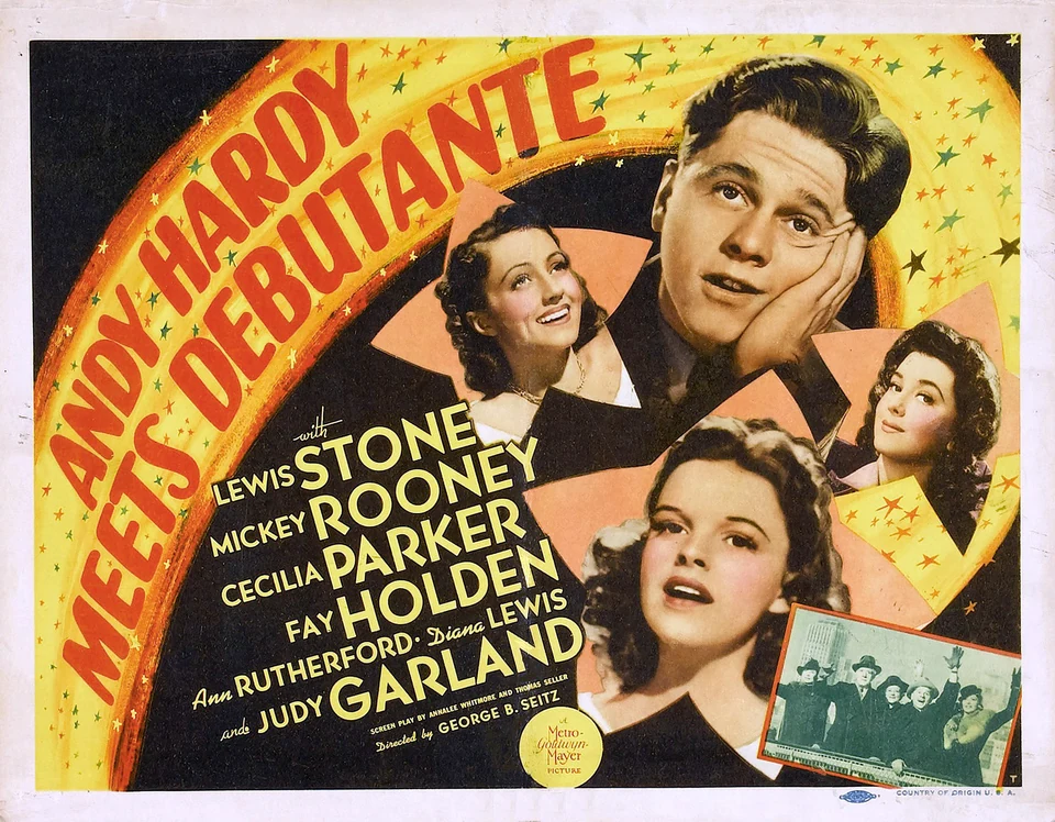 Vintage yellow and orange Andy Hardy Meets Debutante promotional artwork featuring Mickey Rooney and the cast